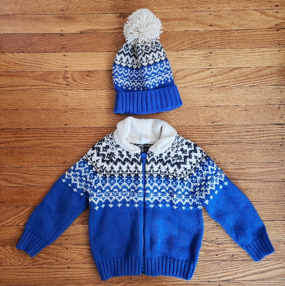 EUC baby GAP wool blend fair isle cardigan 2T and matching hat S/M Toddler boy